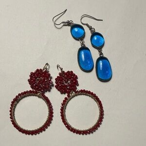 Elegant Jewel Tone Red Beaded & Blue Resin Earrings Bundle -perfect for holidays